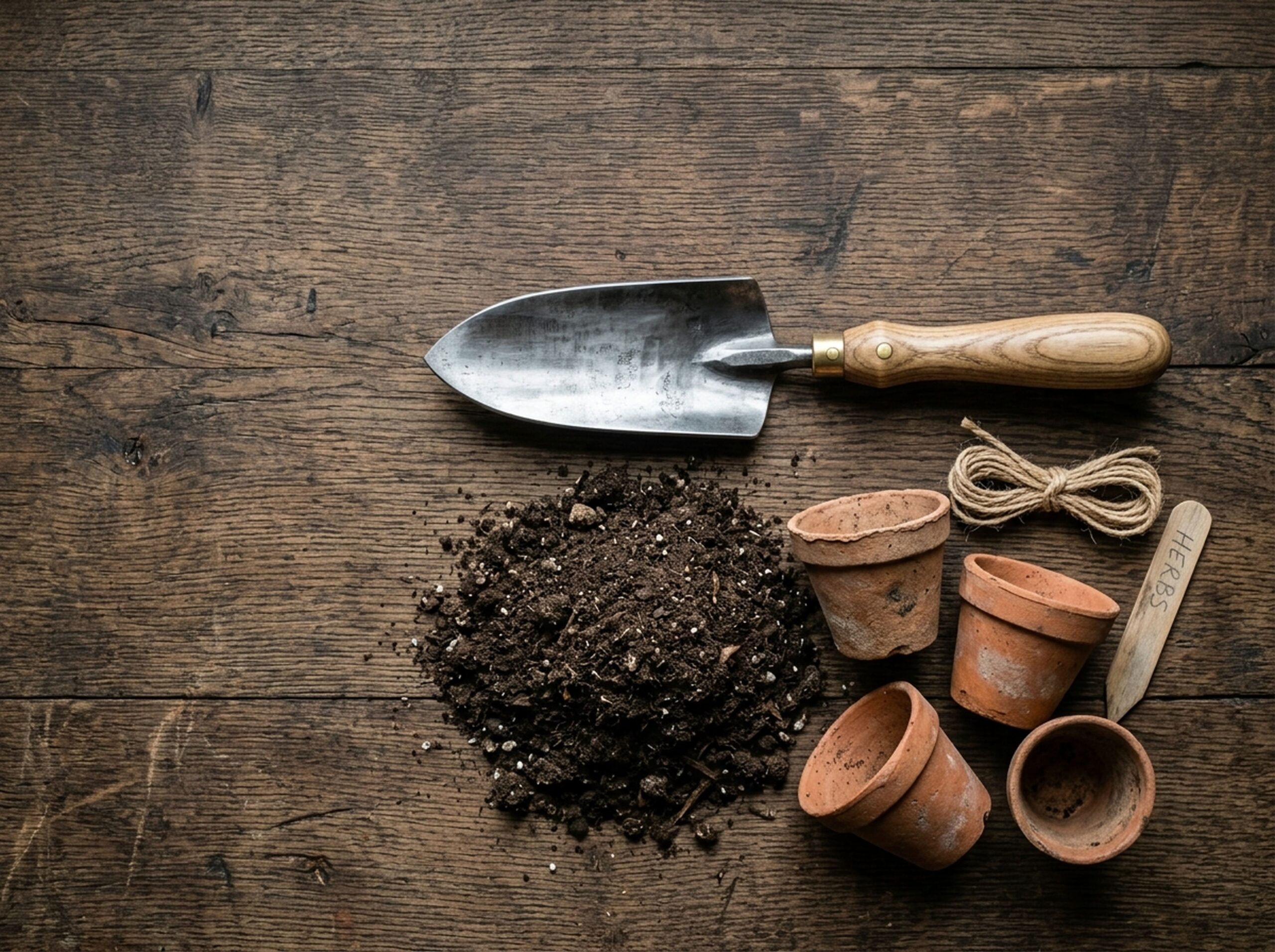 gardening-trowel-with-soil-terracotta-pots-wooden-surface
